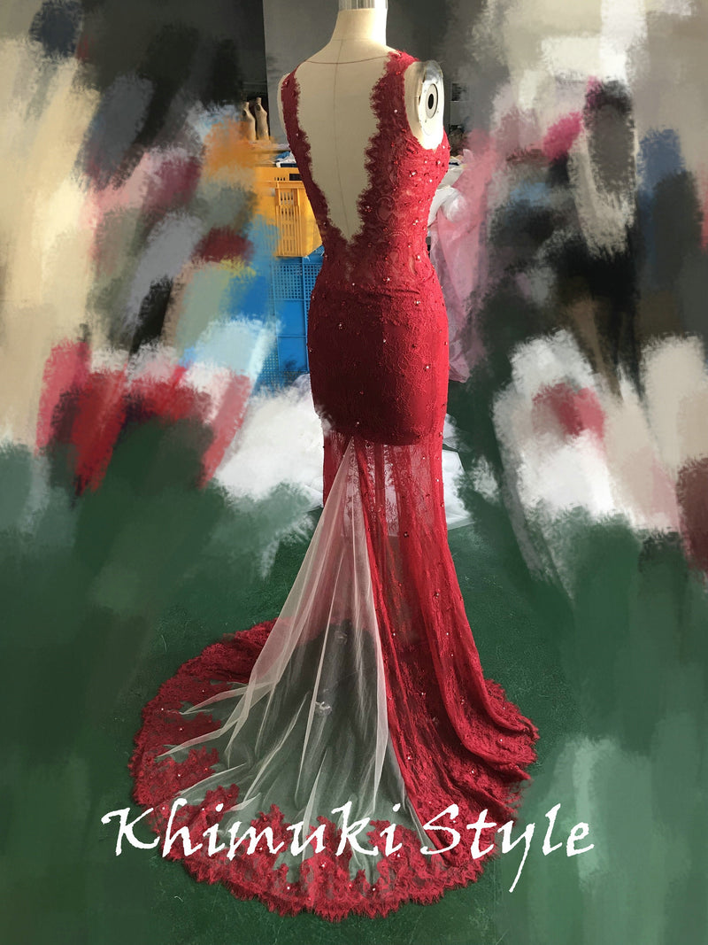 Fit and Tight Deep Red Lace Prom Dress