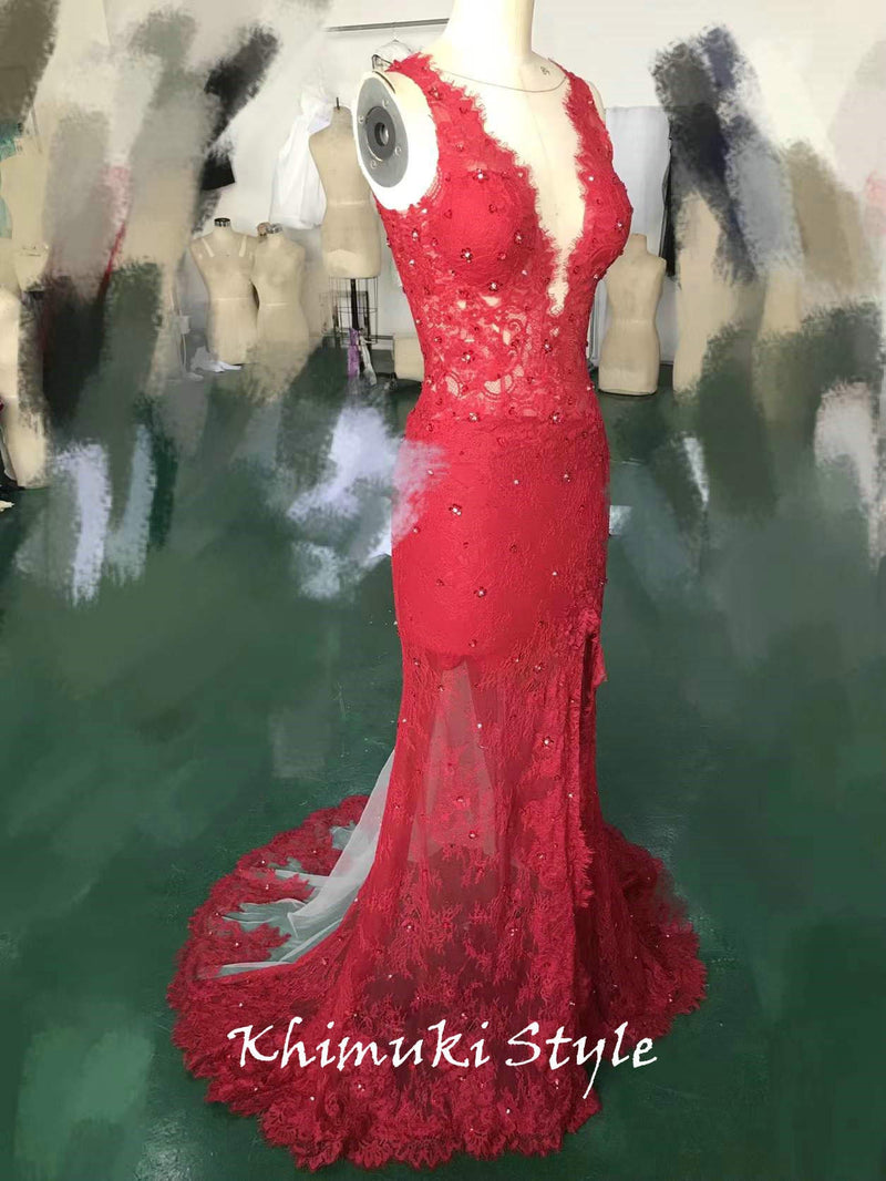 Fit and Tight Deep Red Lace Prom Dress