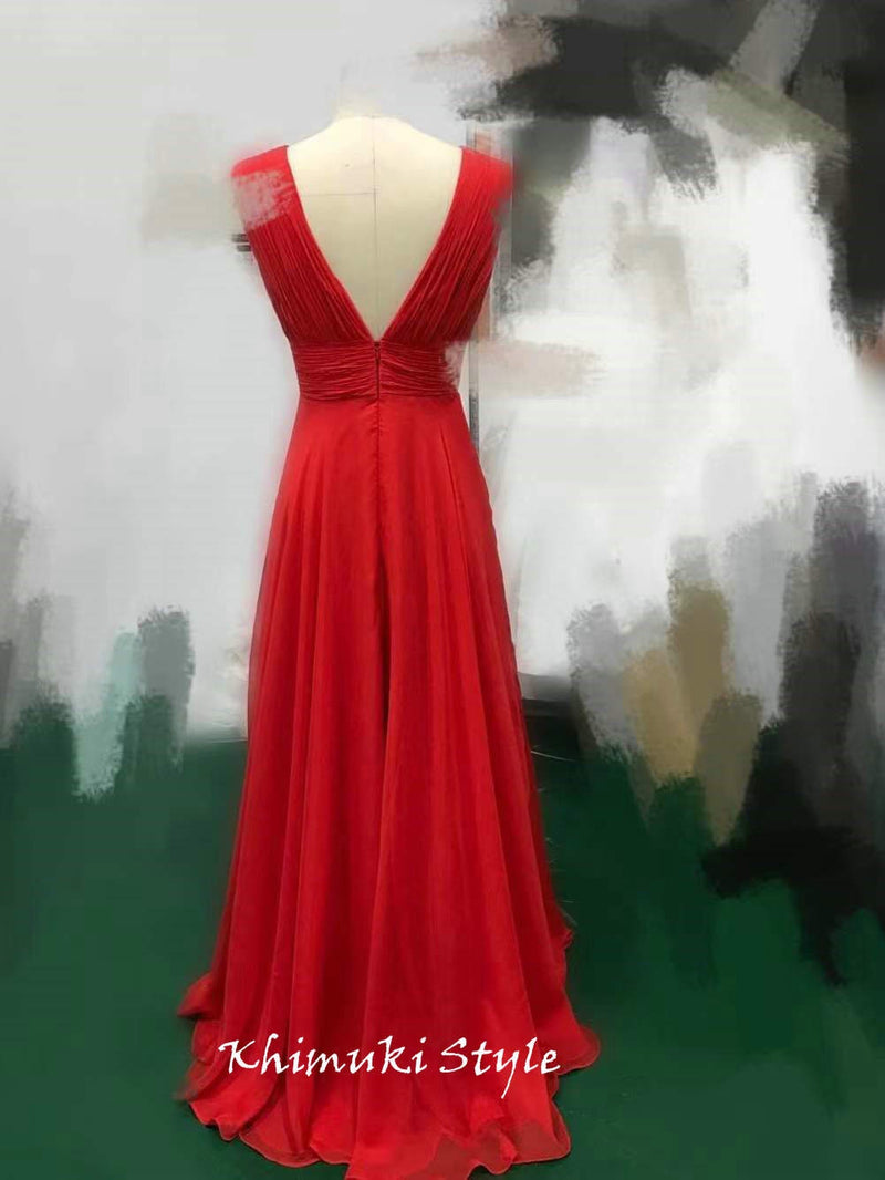 Slit Skirt V-neckline Red Prom Dress