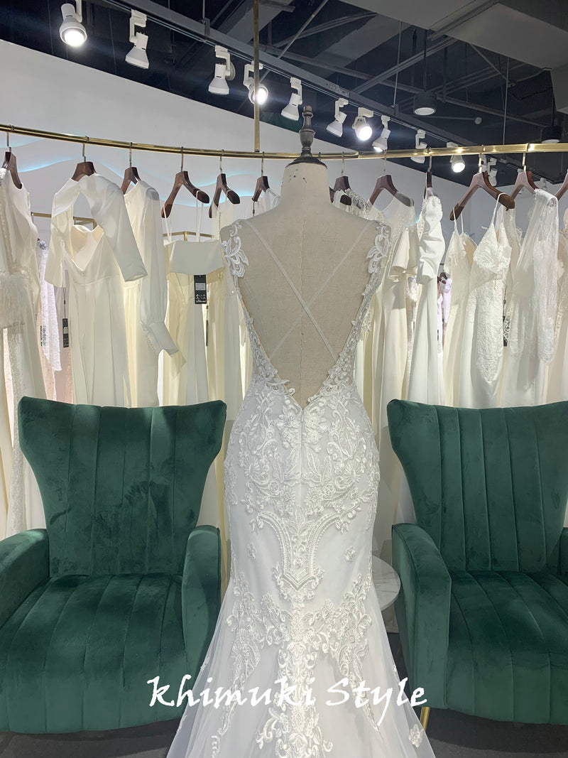 High Quality French Lace Mermaid Sexy Back Wedding Dress with Long Train