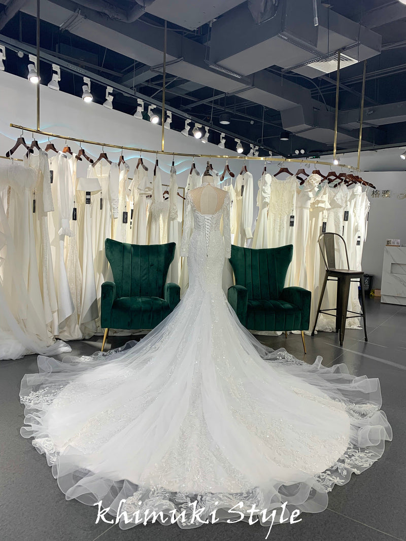 Mermaid High Neckline Long Sleeve Luxury Wedding Dress