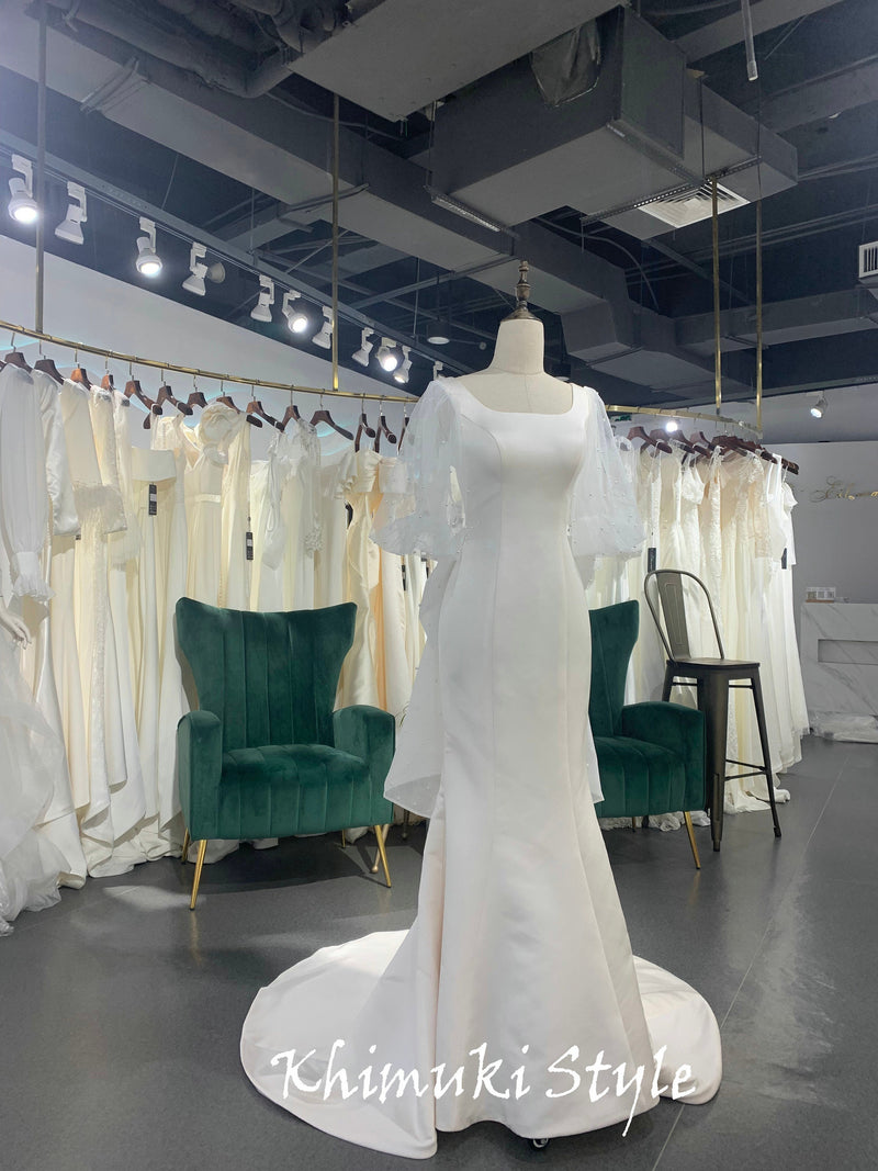 Fit and Flare Boho Sleeve Wedding Dress With Detachable Bow at Back