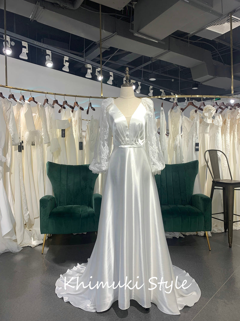 High Quality Soft Satin Long Sleeve Boho Wedding Dress