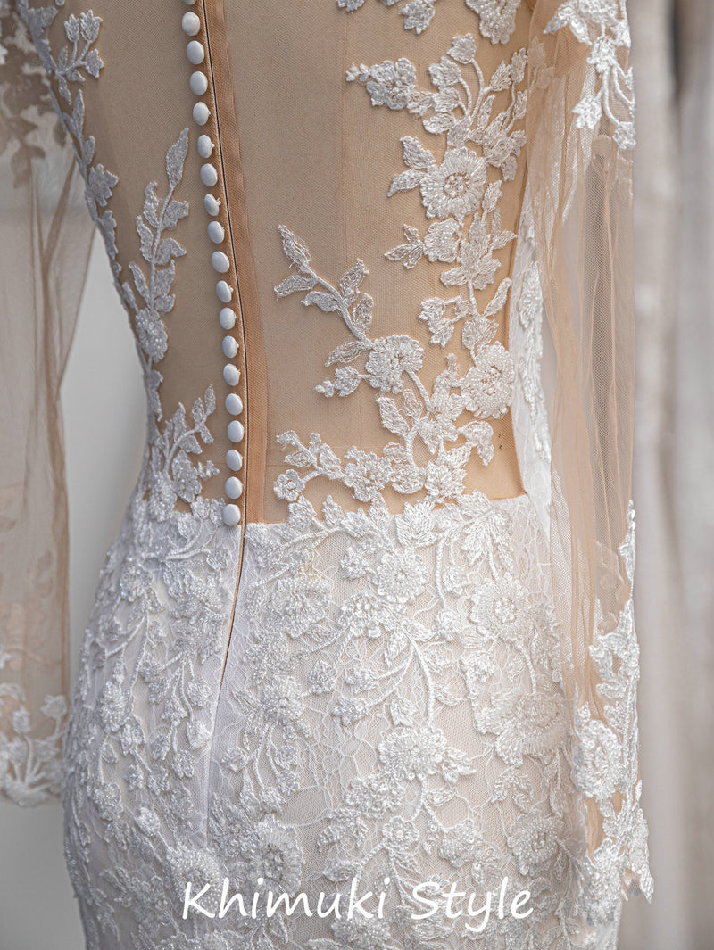 High Quality French Lace Long Sleeve Fit and Flare Wedding Dress