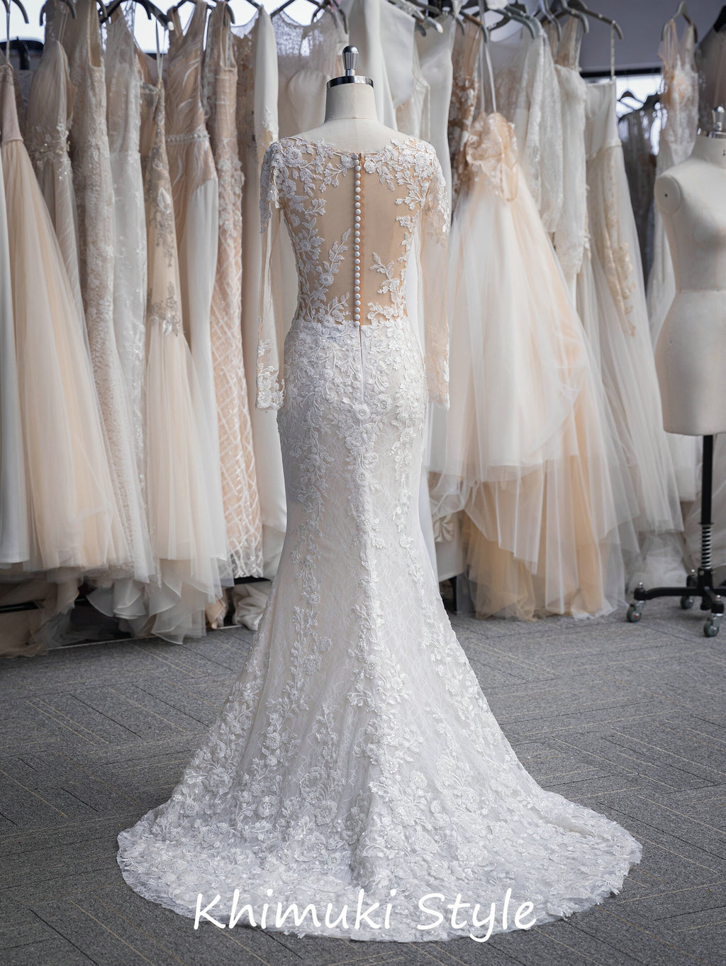 High Quality French Lace Long Sleeve Fit and Flare Wedding Dress