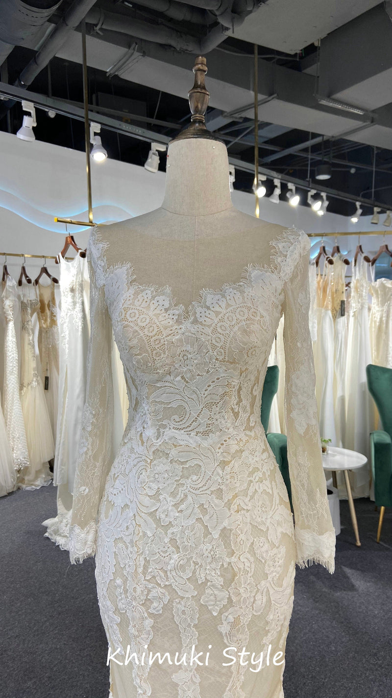 Classic Fit and Flare Long Sleeve Lace Wedding Dress