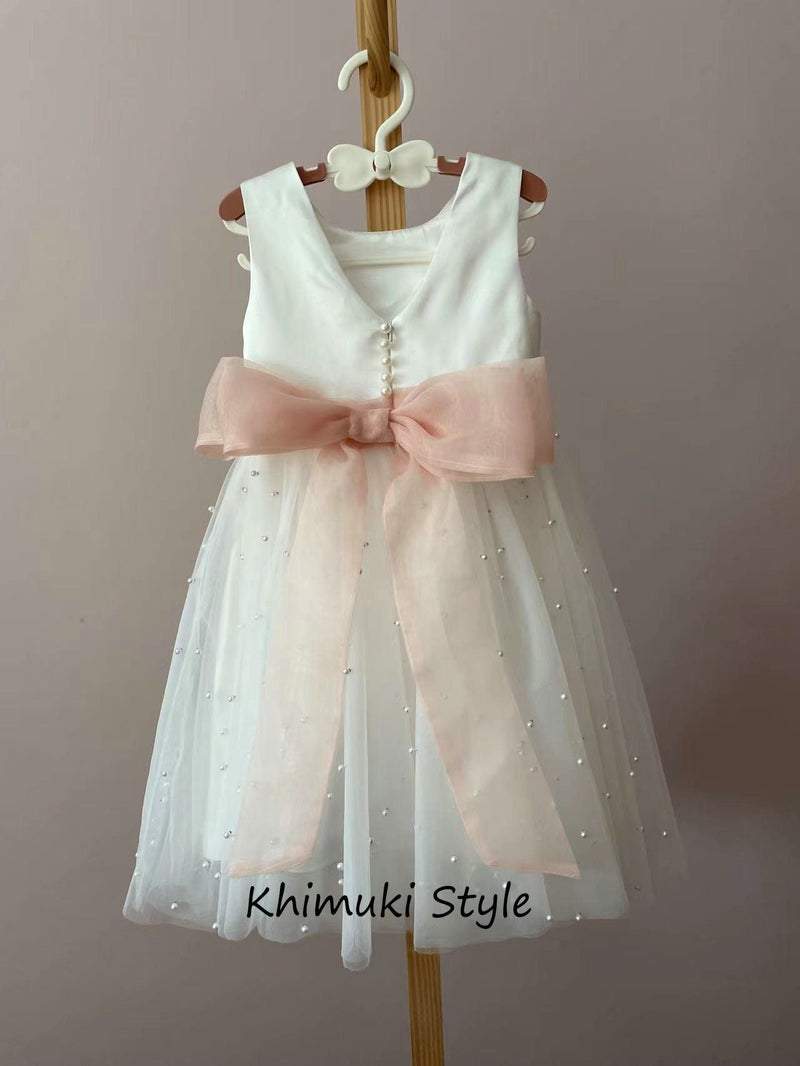 Pearl Skirt Flower Girl Dress with Blush Pink Band