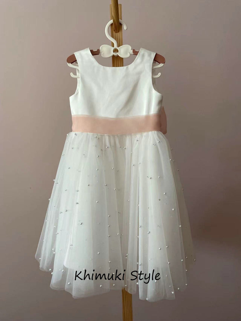 Pearl Skirt Flower Girl Dress with Blush Pink Band