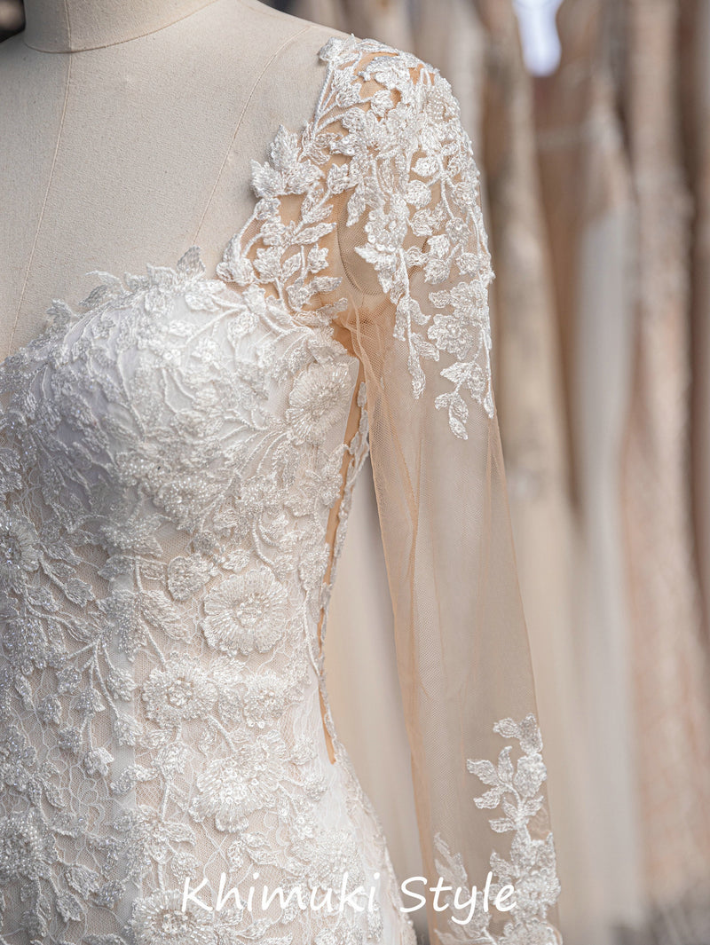 High Quality French Lace Long Sleeve Fit and Flare Wedding Dress