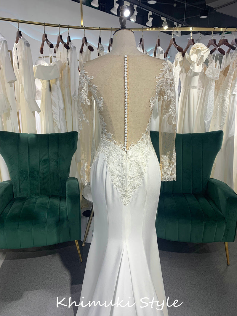 Sheer Back Fit and Flare Long Sleeve Wedding Dress
