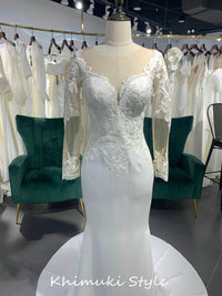 Sheer Back Fit and Flare Long Sleeve Wedding Dress