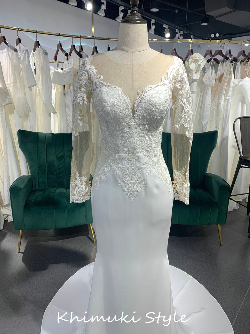 Sheer Back Fit and Flare Long Sleeve Wedding Dress