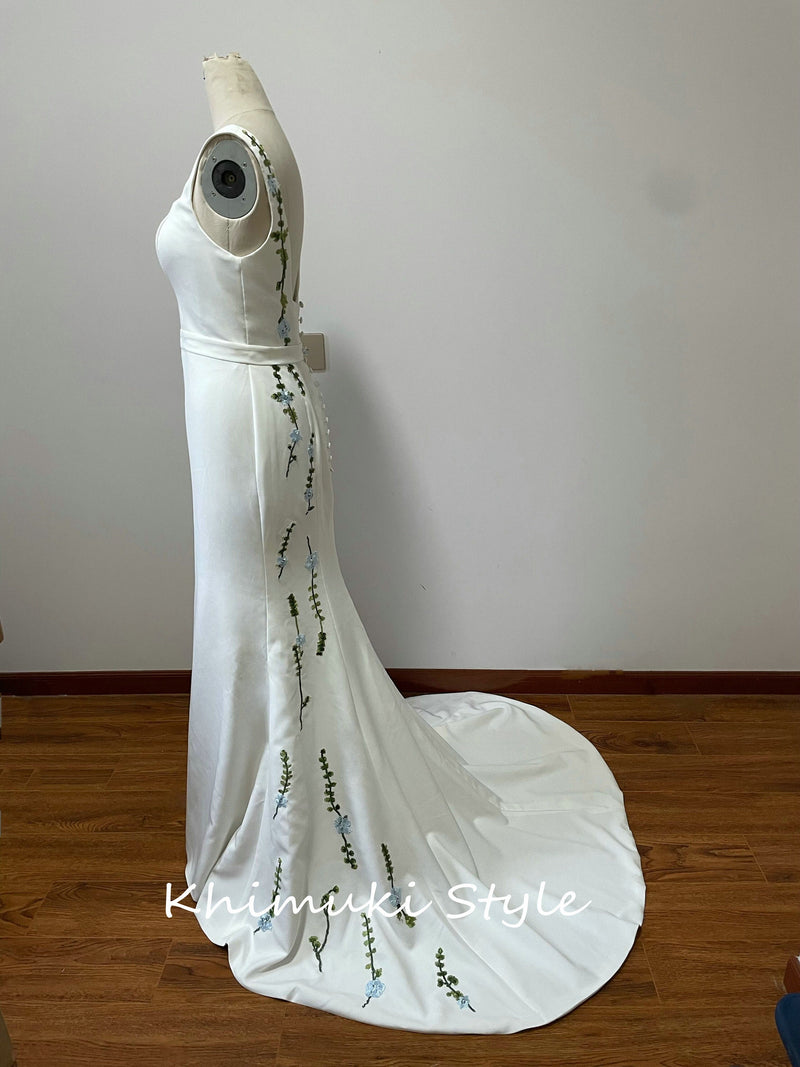 Fit and Flare Square Neckline Crepe Wedding Dress