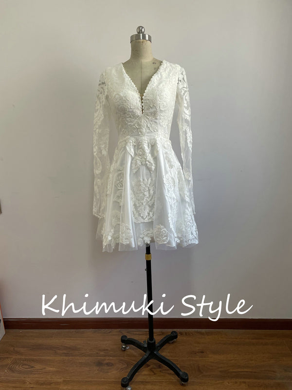 Knee Length Long Sleeve Boho Lace Wedding Dress