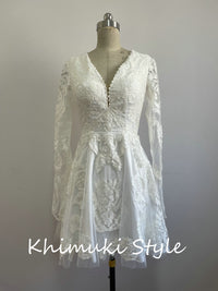 Knee Length Long Sleeve Boho Lace Wedding Dress