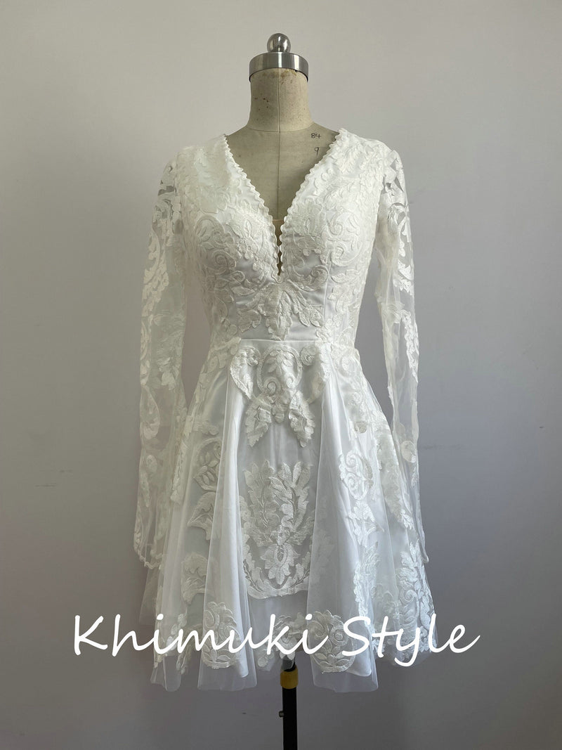 Knee Length Long Sleeve Boho Lace Wedding Dress