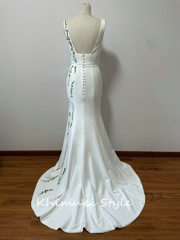 Fit and Flare Square Neckline Crepe Wedding Dress
