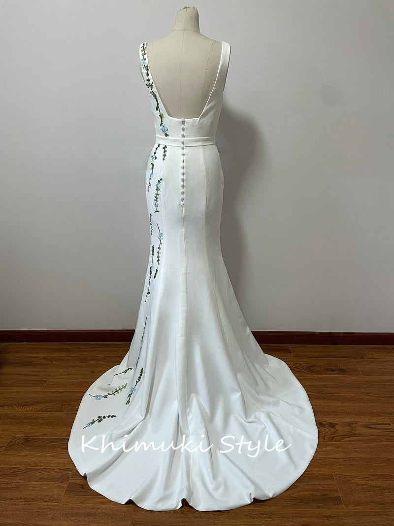 Fit and Flare Square Neckline Crepe Wedding Dress