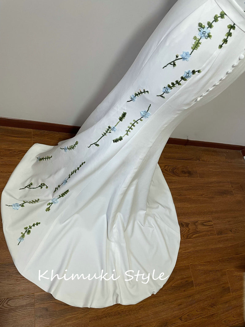 Fit and Flare Square Neckline Crepe Wedding Dress