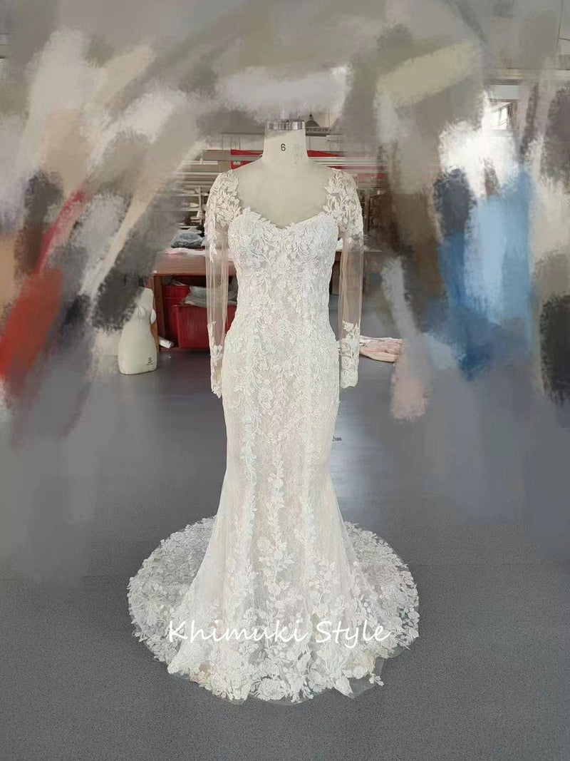 Fit and Flare Long Sleeve Sheer Lace Wedding Dress