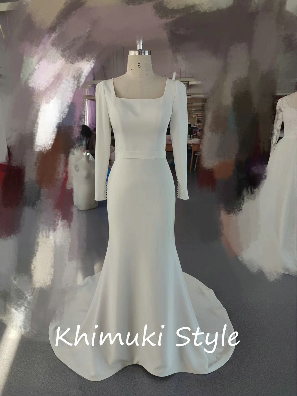 Fit and Flare Square Neckline Long Sleeve Crepe Minimalist Wedding Dress