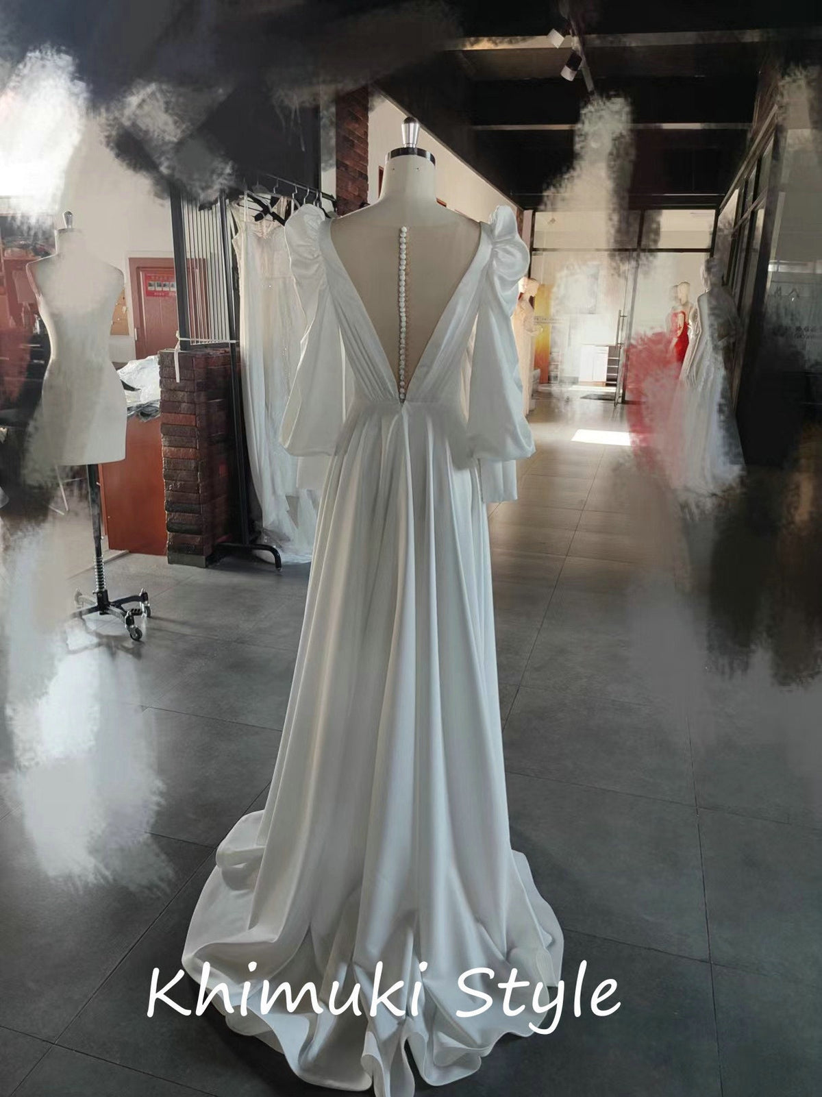 High Quality Boho Long Sleeve Ivory Satin Wedding Dress