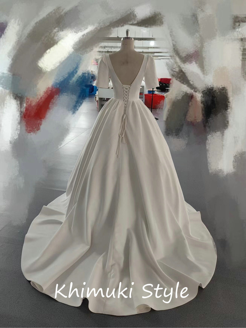 Ball Gown Half Sleeve Square Neckline Minimal Wedding Dress