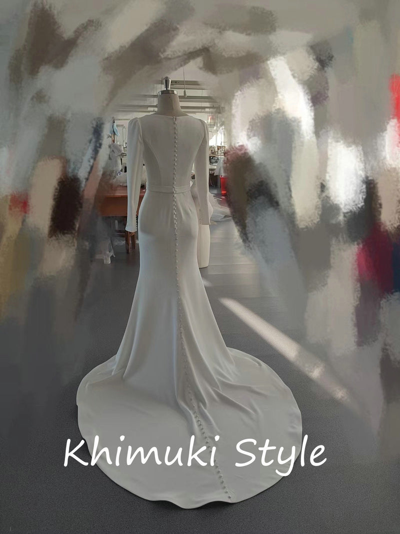 Fit and Flare Square Neckline Long Sleeve Crepe Minimalist Wedding Dress