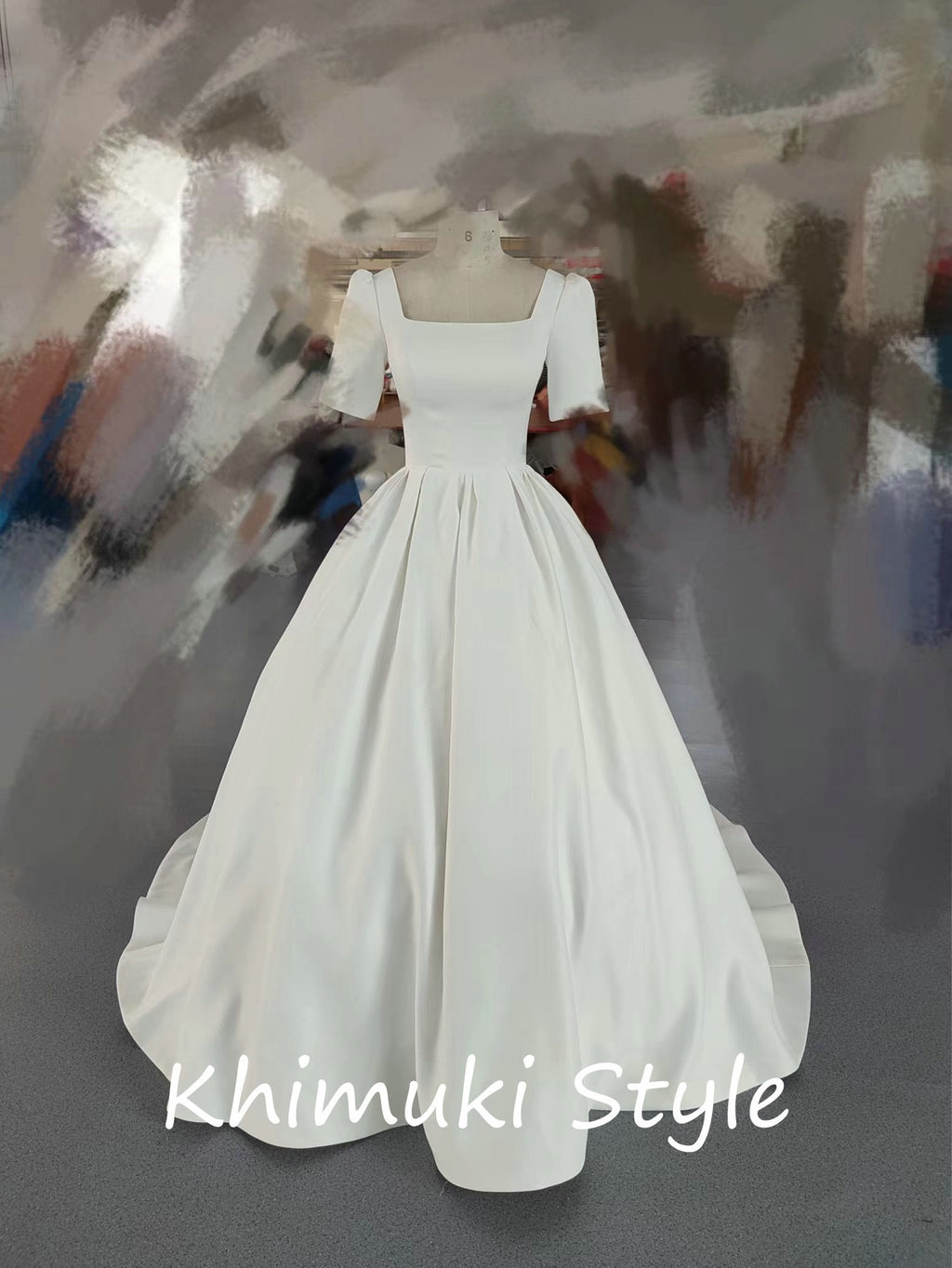 Ball Gown Half Sleeve Square Neckline Minimal Wedding Dress