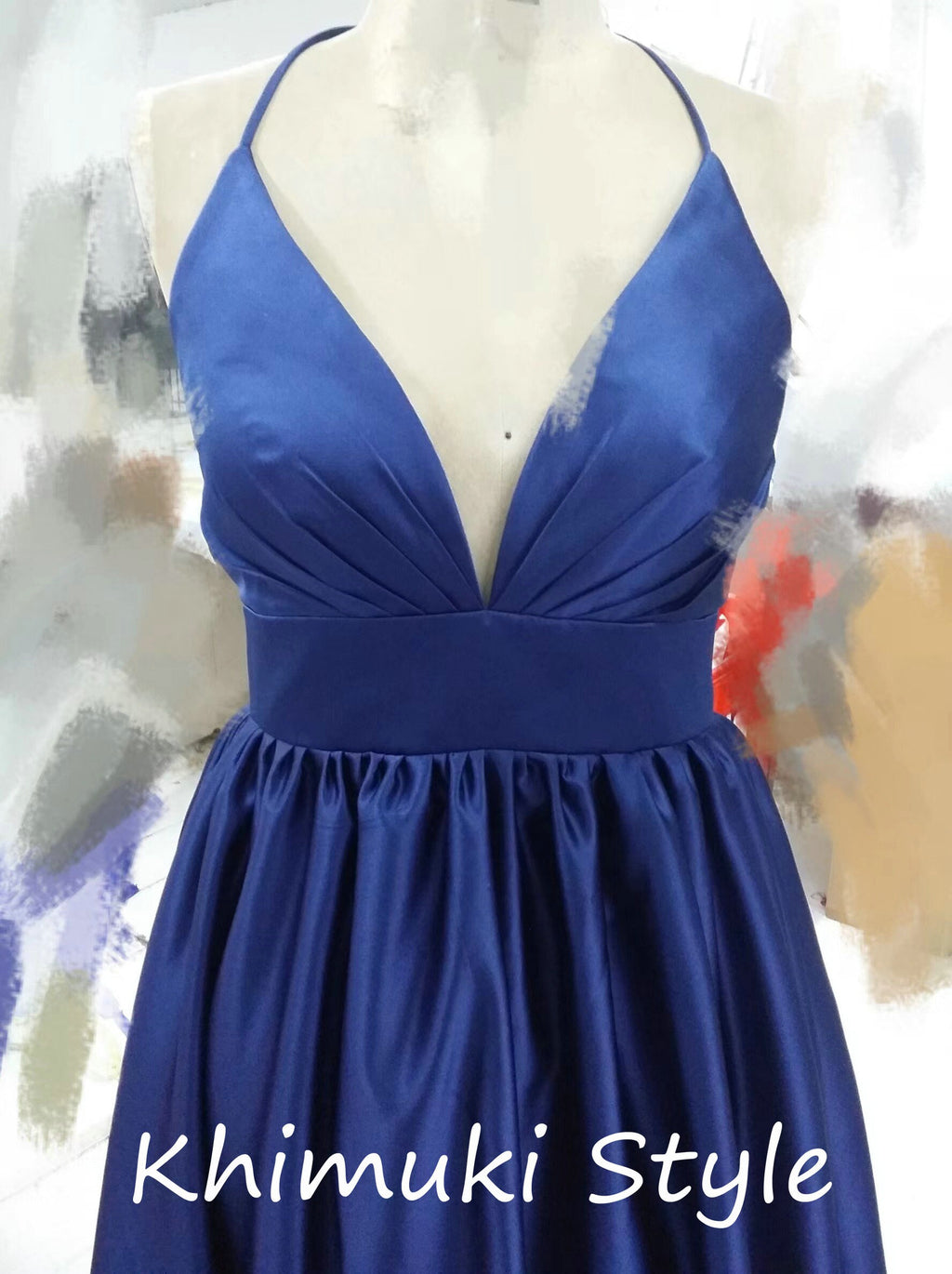 Simple Halter Neckline Navy Blue Prom Dress