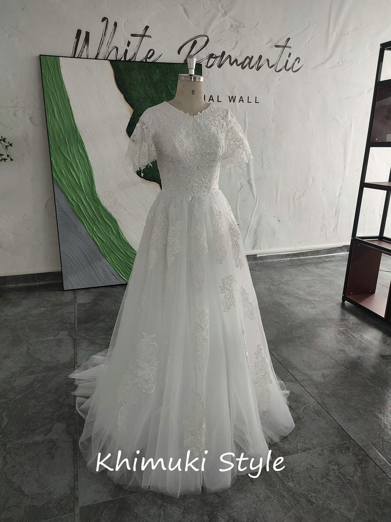 Modest Short Sleeve Lace Wedding Dress