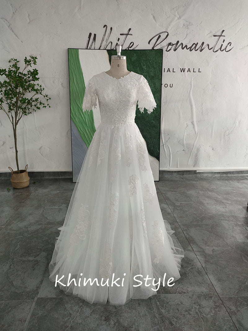 Modest Short Sleeve Lace Wedding Dress