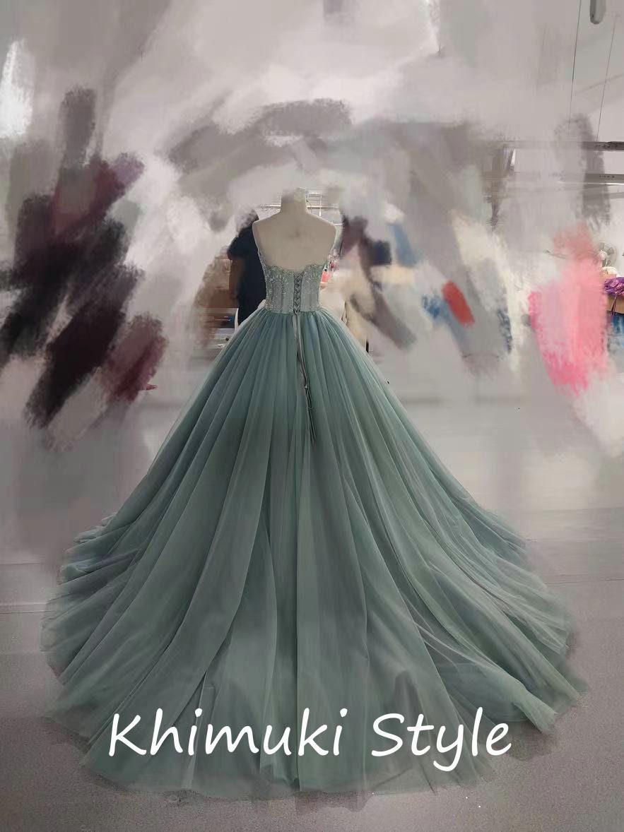 Ball Gown Dusty Blue Mesh Prom Dress