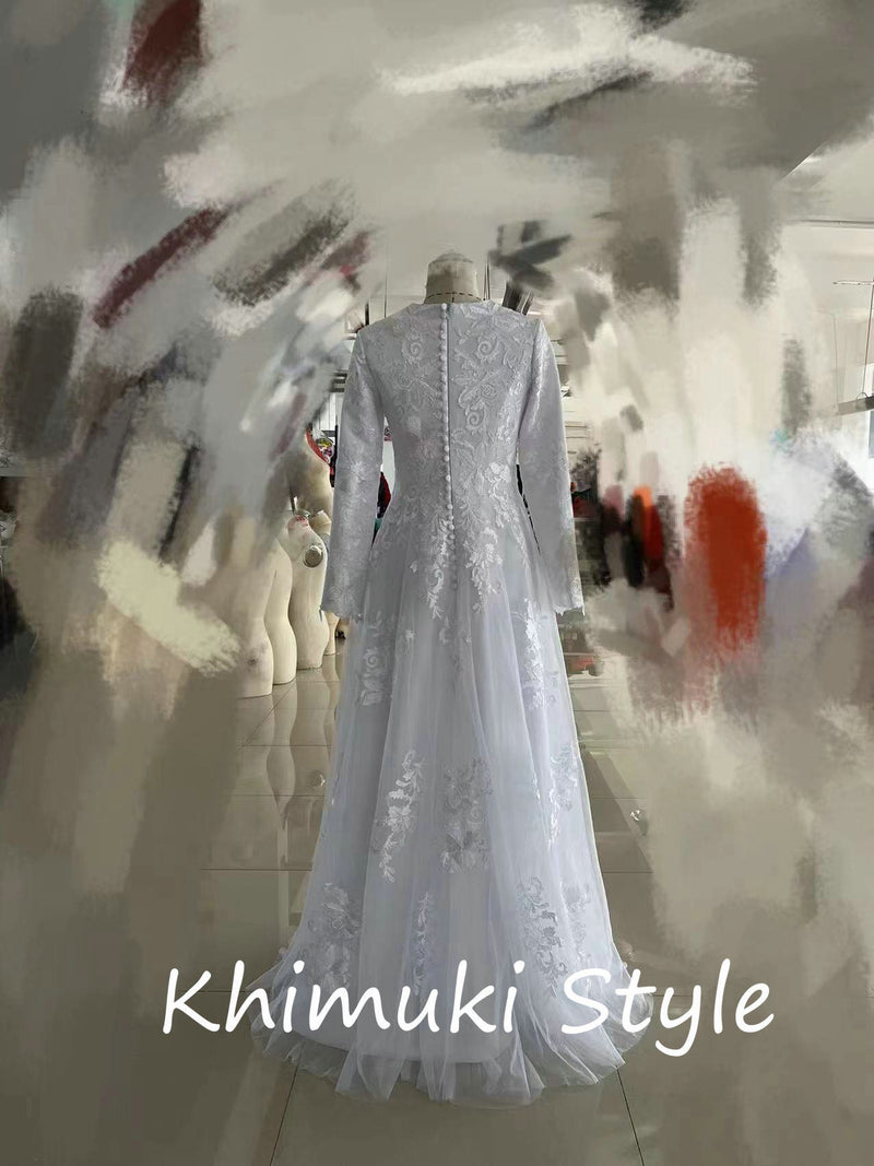 Modest Long Sleeve French Lace Wedding Dress