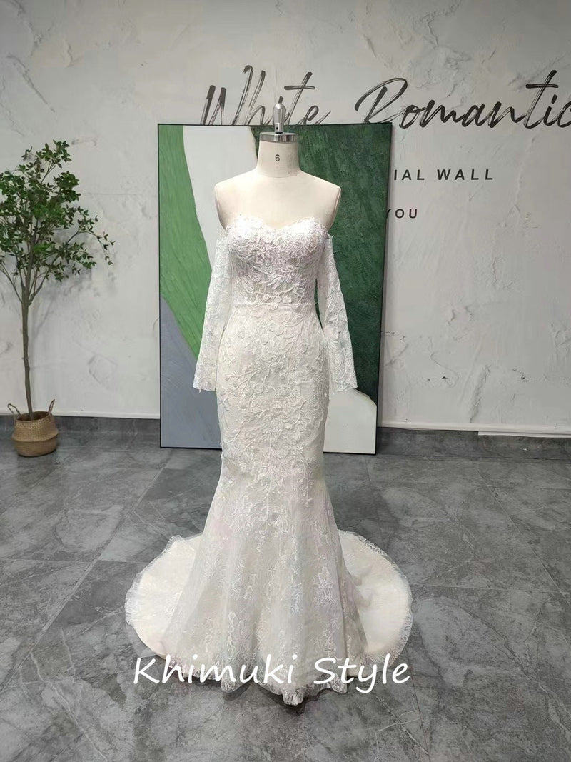 Off Shoulder Long Sleeve Lace Wedding Dress