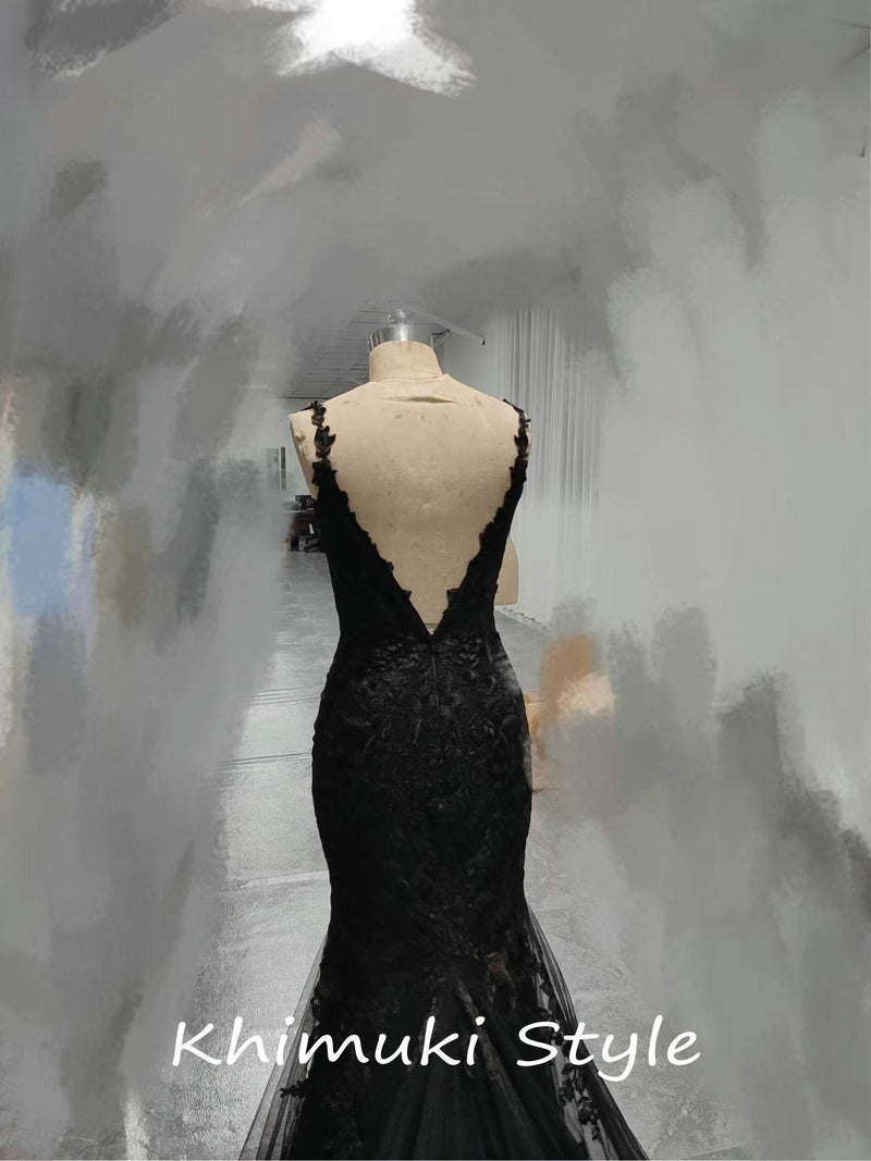 Classic Mermaid French Lace Black Wedding Dress