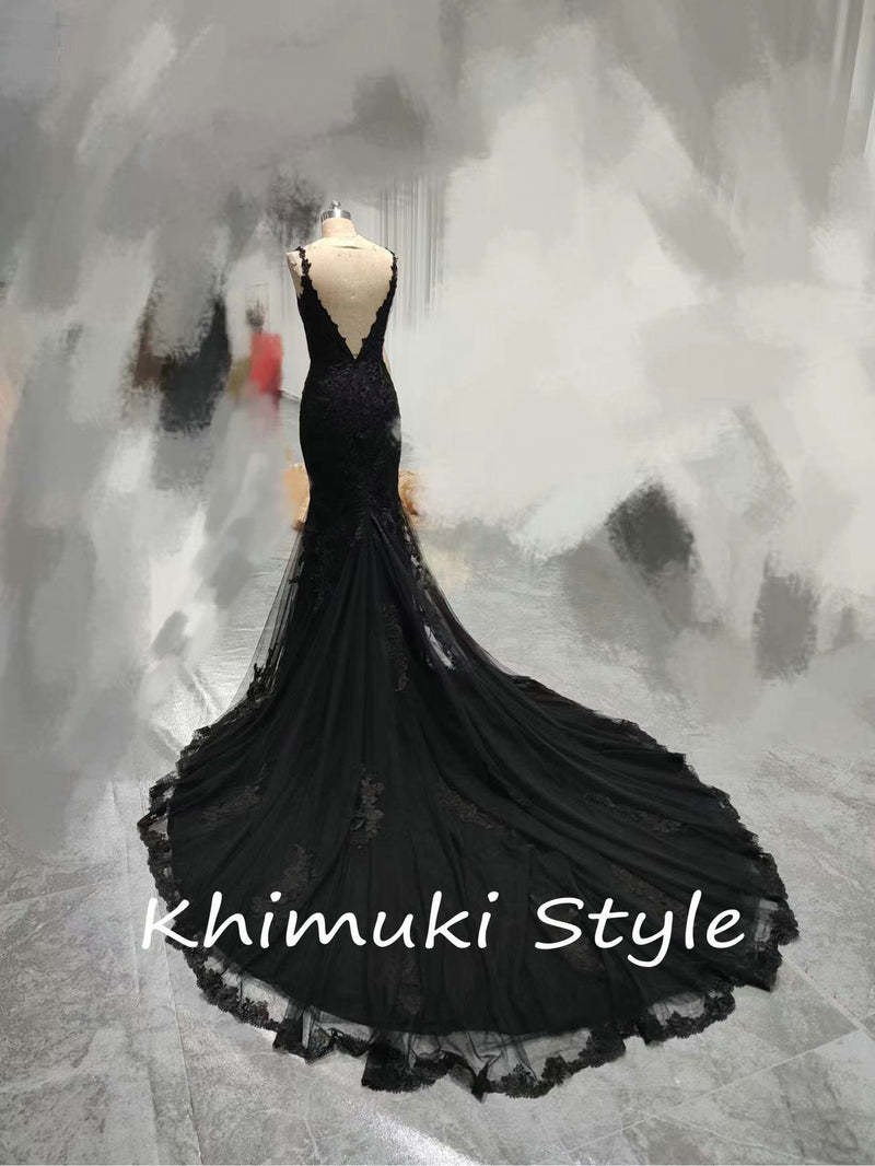 Classic Mermaid French Lace Black Wedding Dress