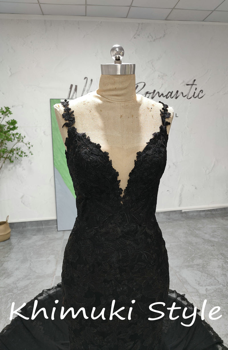 Classic Mermaid French Lace Black Wedding Dress