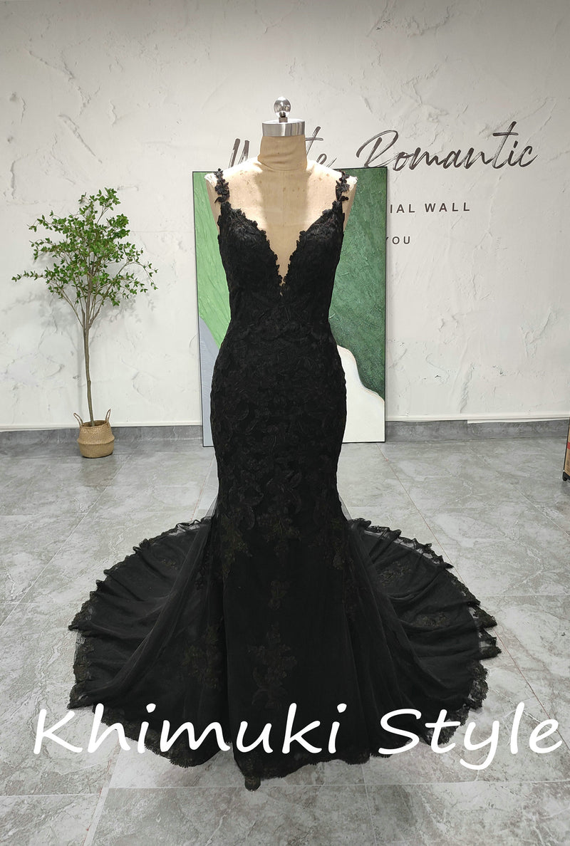 Classic Mermaid French Lace Black Wedding Dress