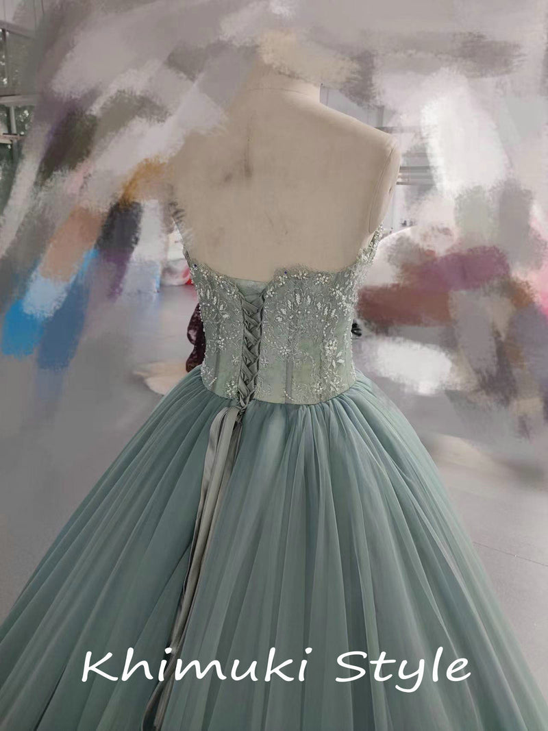 Ball Gown Dusty Blue Mesh Prom Dress