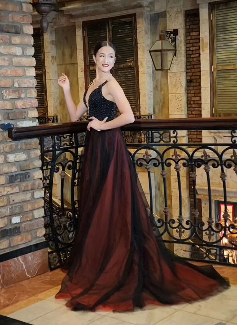 A line Black and Burgundy Prom Dress