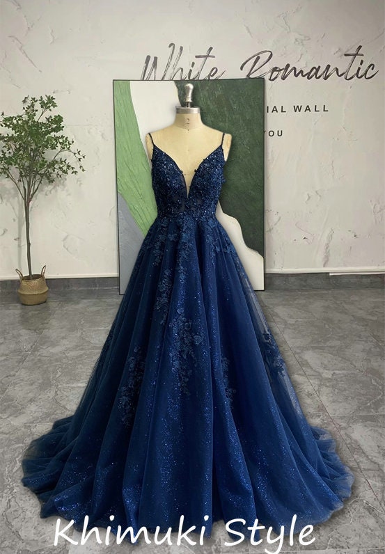 Ball Gown Sparkle Navy Blue Prom Dress