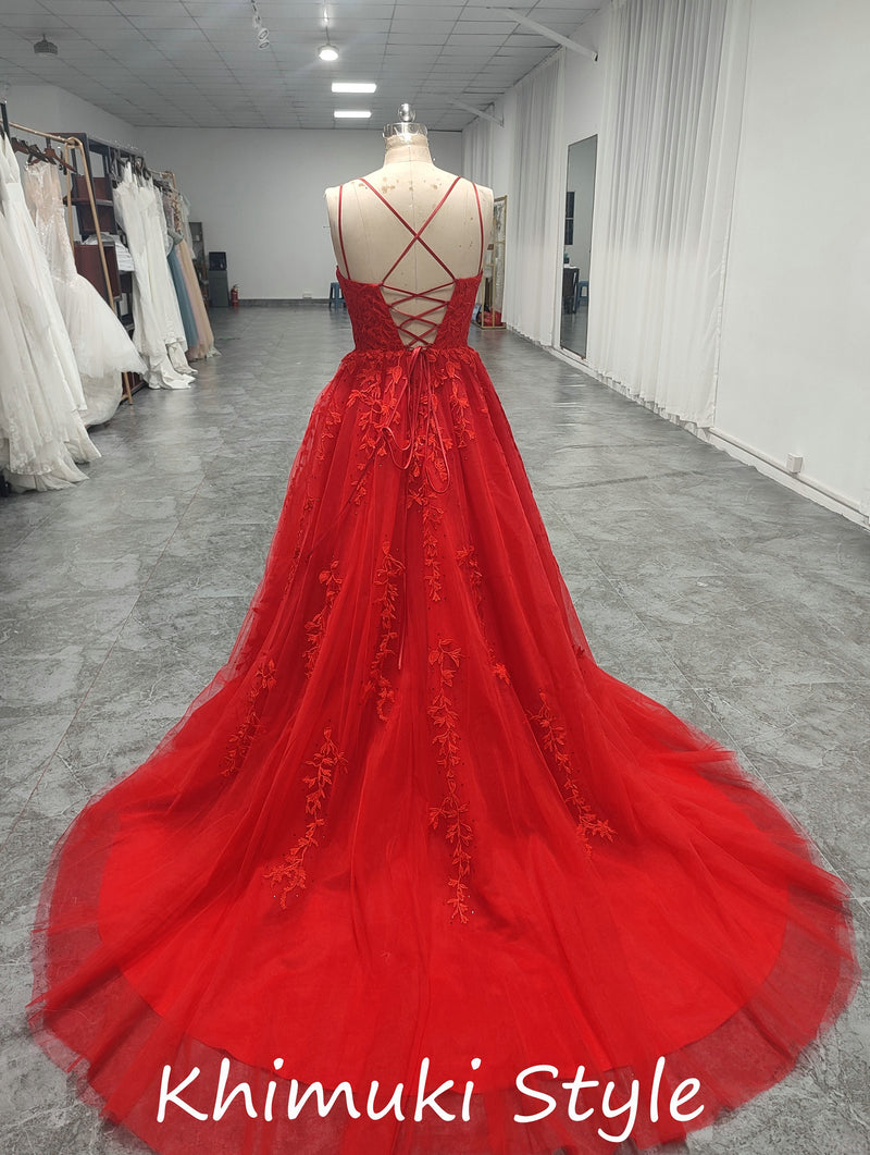 Ball Gown Criss Cross Back Red Prom Dress