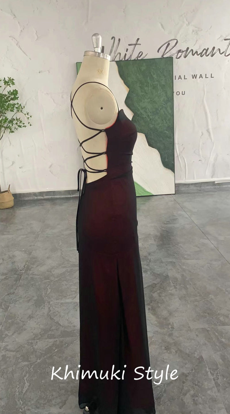 Sexy Slit Square Neckline  Black and Red Vintage Party Dress