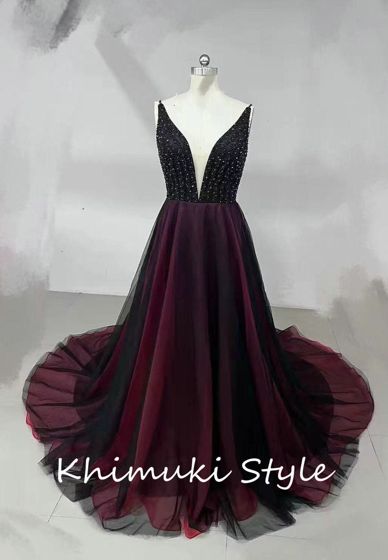 A line Black and Burgundy Prom Dress