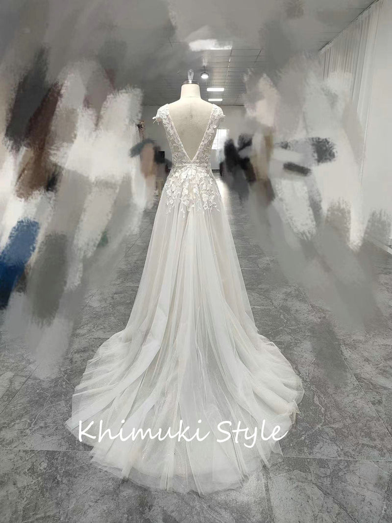 Sexy Slit Cap Sleeve Sheer Lace Wedding Dress, Summer Wedding Dress