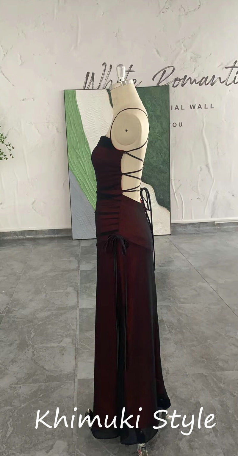 Sexy Slit Square Neckline  Black and Red Vintage Party Dress