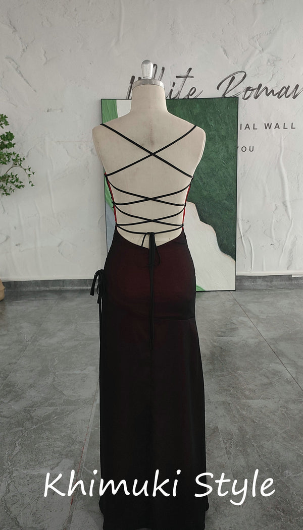 Sexy Slit Square Neckline  Black and Red Vintage Party Dress