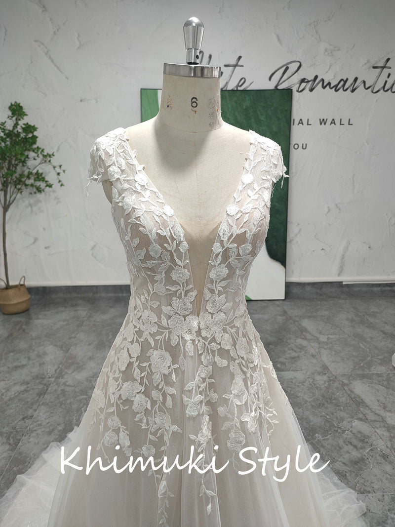 Sexy Slit Cap Sleeve Sheer Lace Wedding Dress, Summer Wedding Dress