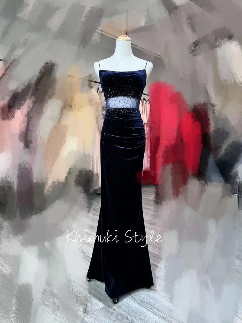 Vintage Sexy Split Black Velvet Prom Dress